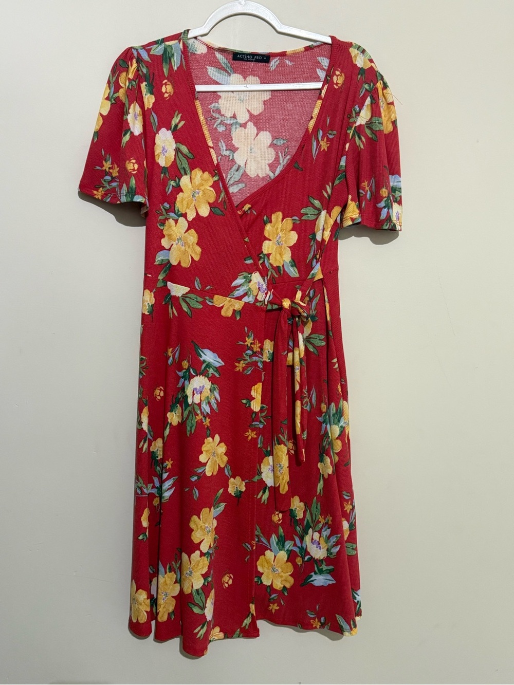Acting Pro Red Floral Wrap Midi Dress with Yellow Blooms